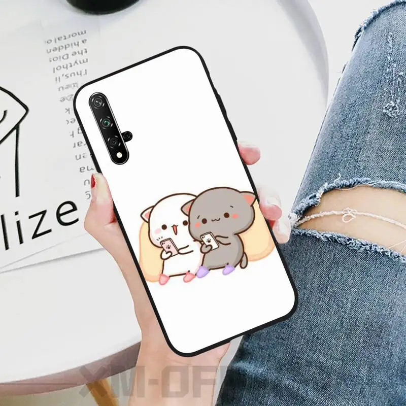 Персиковый Кот мультфильм черный мягкий чехол для телефона Honor 20 lite view20 7C 5 7