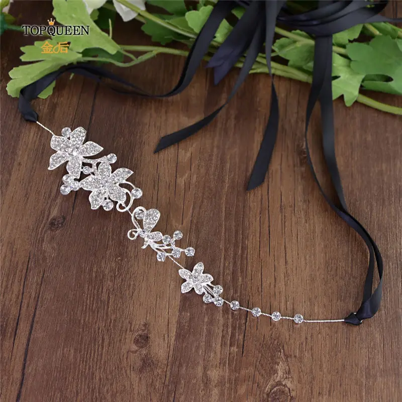 black ribbon TOPQUEEN SH260 Большой Хрустальный цветок пояс невесты Тонкий цветочный свадебный пояс горный хрусталь цветок свадебный пояс серебряный сплав пояс невесты - Цвет: black ribbon