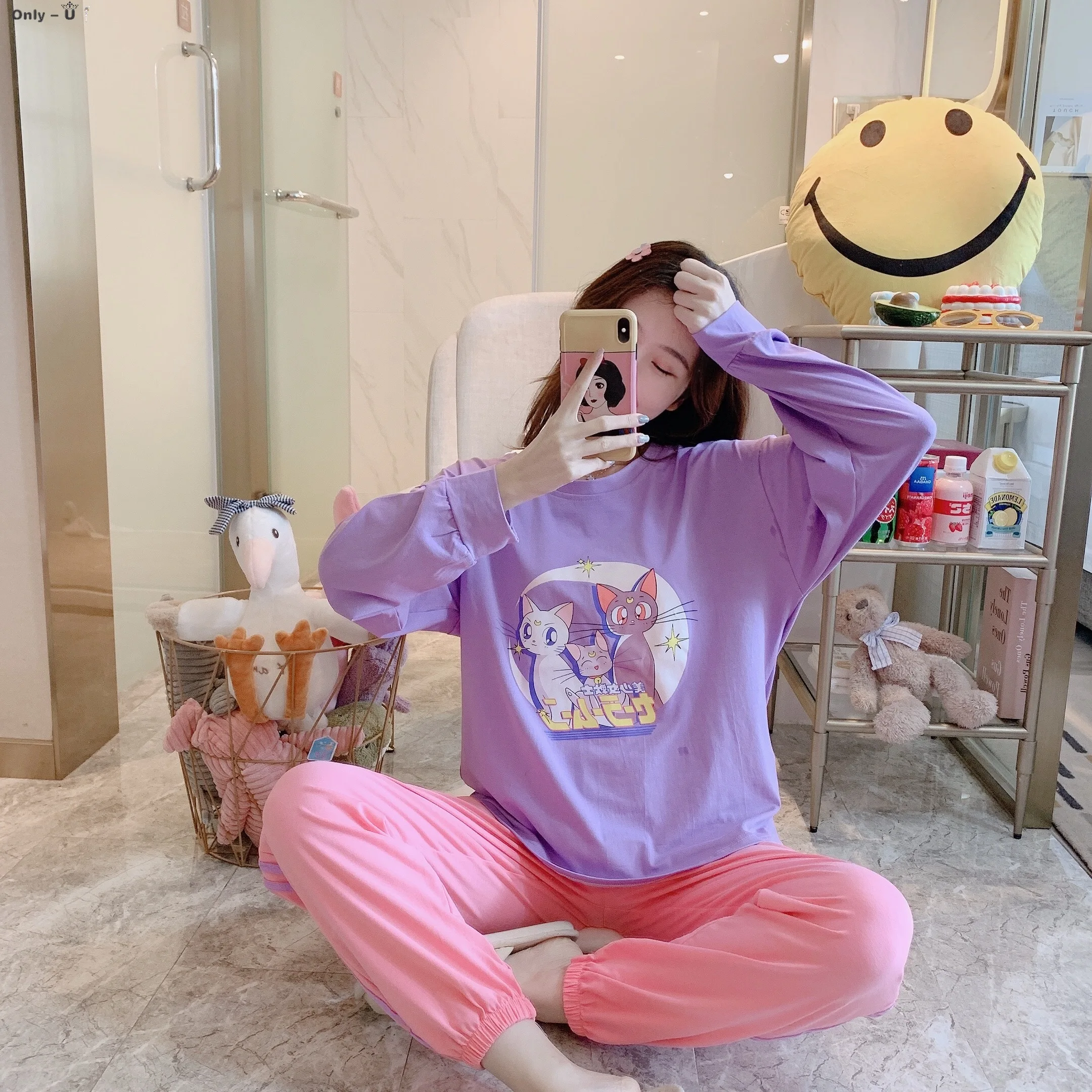 

Women Long Sleeve Female Homewear Cotton Sets For Cute Sailor Moon Print Pijamas SoftSleepwearPurple Pajamas