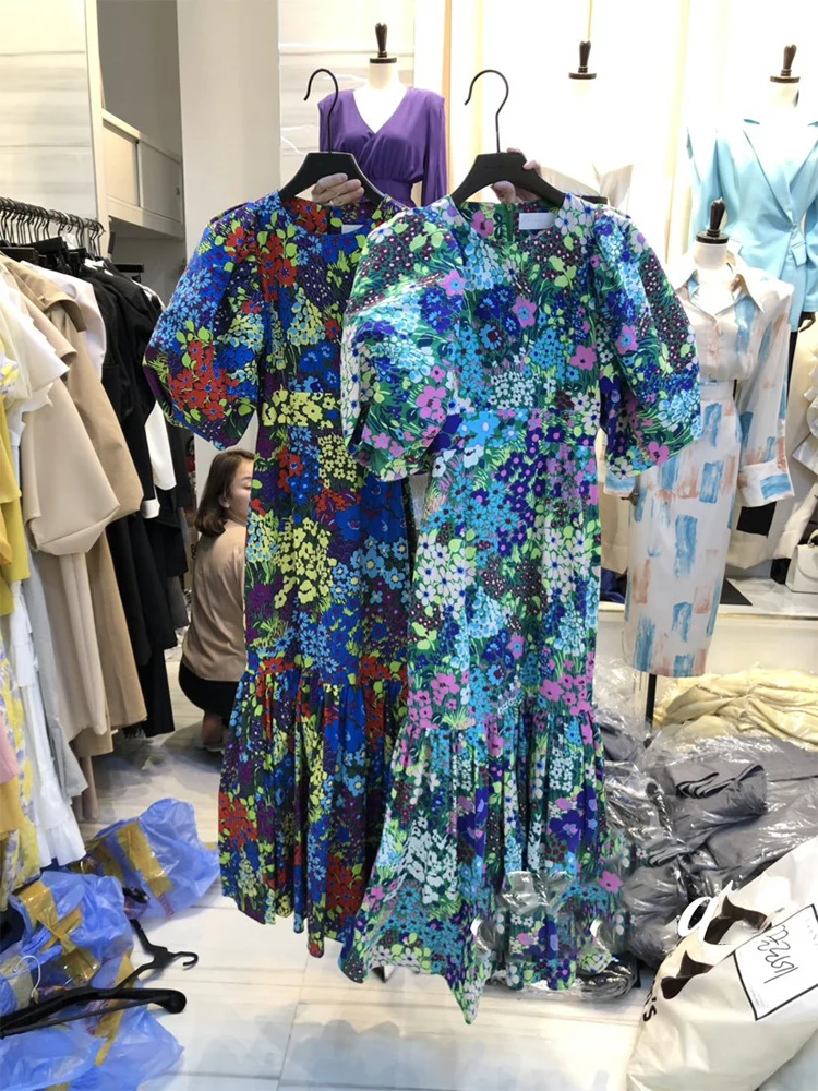 

Summer women's new design, print, ladies, puff sleeves, folds, waist, buttocks, short sleeves, floral, fishtail dress
