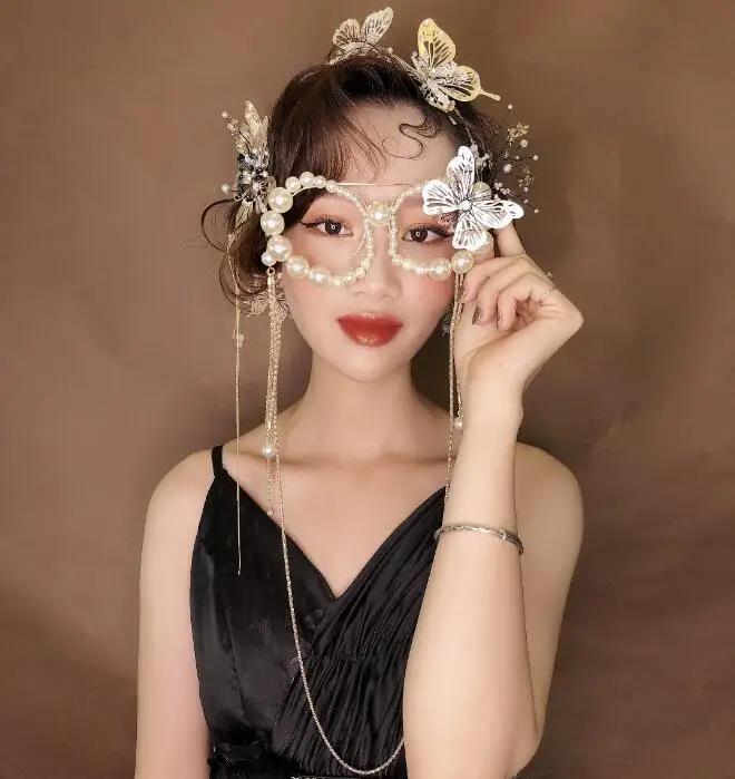 Модные Волшебные оправы для очков серьги-клипсы в виде бабочек жемчужная цепочка