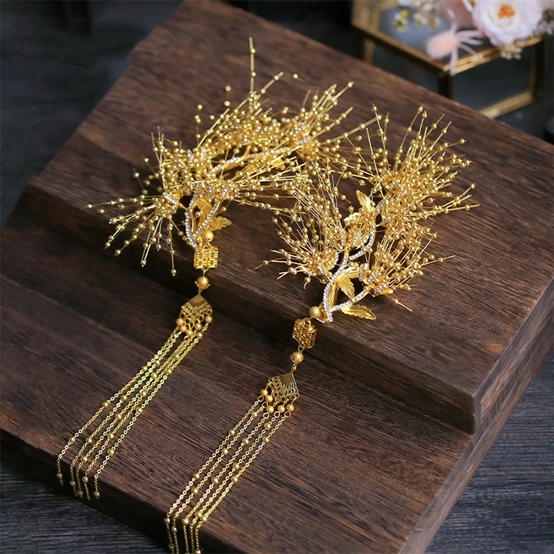 NiuShuya  Traditional Chinese Bridal Headdress Beaded Costume Hairpins Pearls Tassels Women Wedding Jewelry Hair Accessori