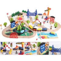 108pcsset wood railway train car overpass traffic scene wooden toys set diy wooden track children vehicle set