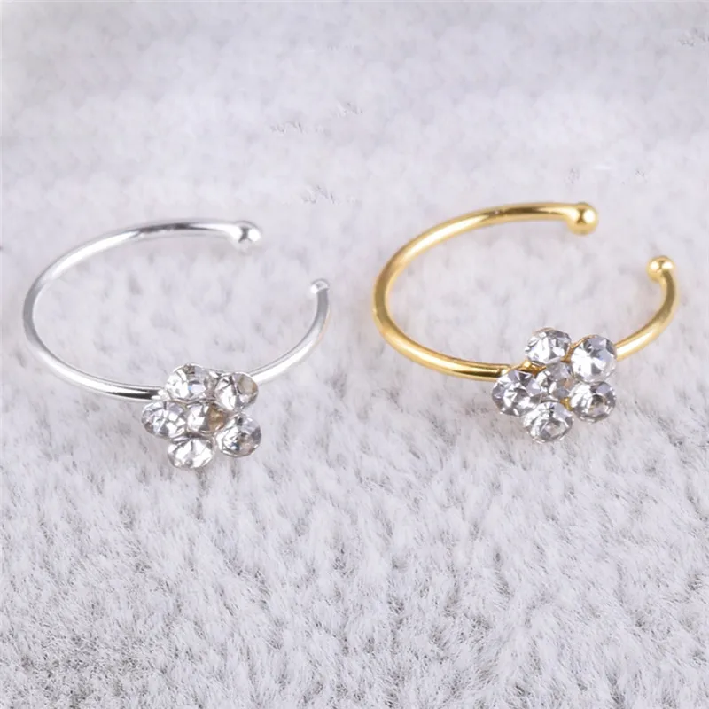 

1Pc Stainless Steel Circular Nose Ring Circular Punk Small Thin Clear Rhinestone Flower Lip Ear Nose Clip