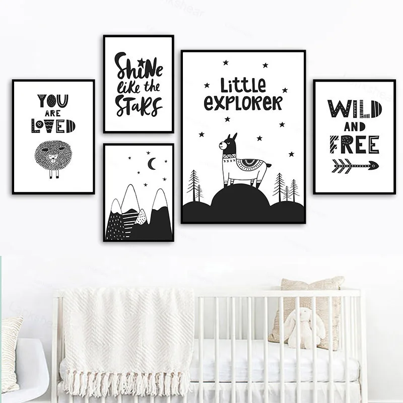 Минималистичная черно-белая Картина на холсте плакат мультяшный Лев кот девочка