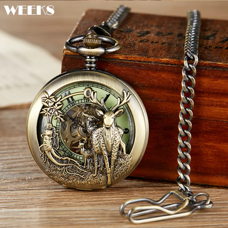 

Roman Numeral Bronze Deer Mechanical Pocket Watch Male Antique Vintage Steampunk Skeleton Luxury Engrave Fob Chain Clock for Men