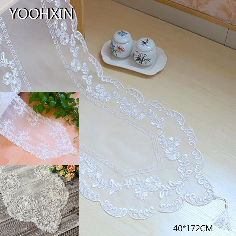 

Elegant white sequin Mesh Embroidery bed Table Runner flag cloth cover Lace tea kitchen tablecloth Christmas party Wedding decor