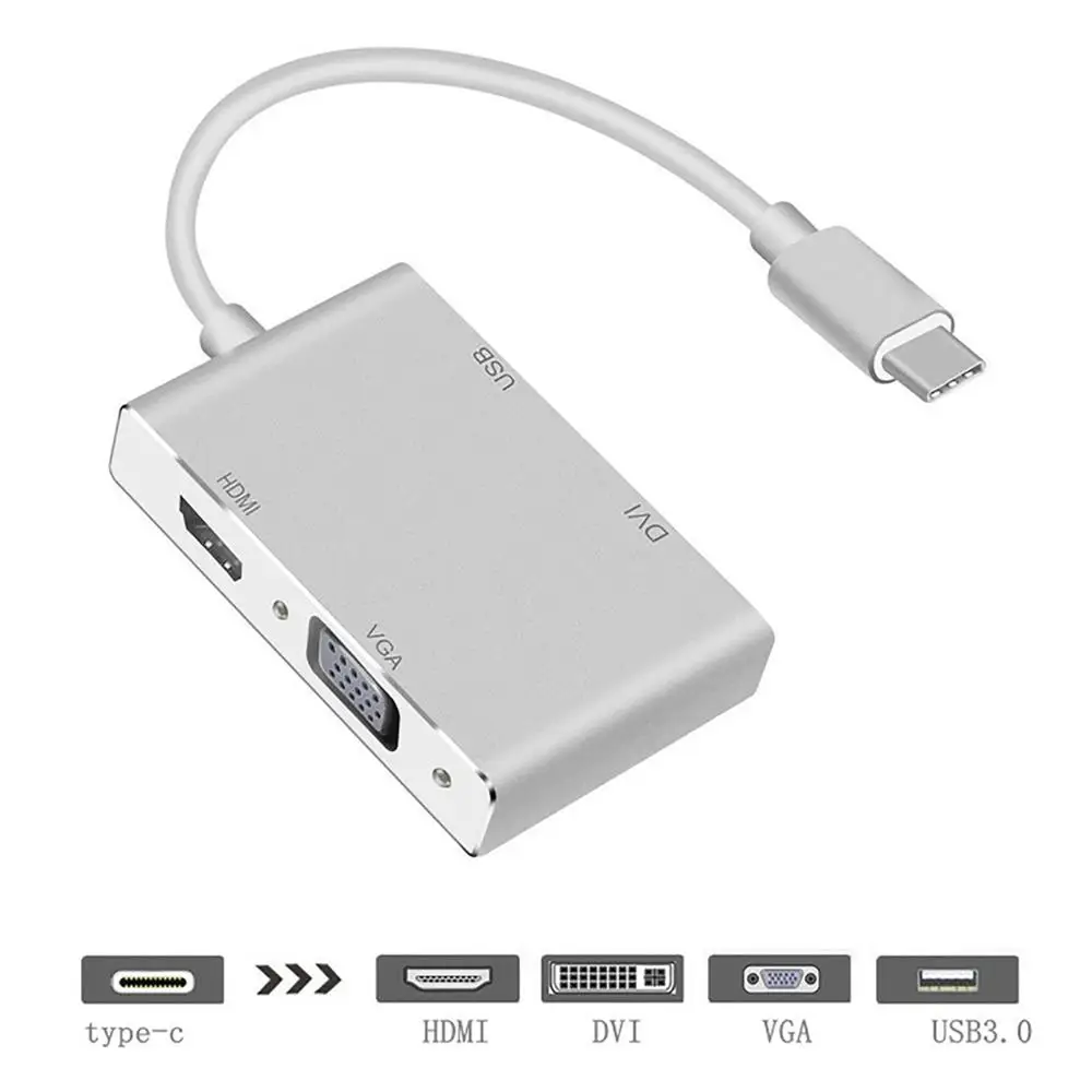 

New USB C 4 IN1 Hub, USB Type C Extend to 4K HDMI,DVI,VGA,USB3.0 Plug and Play for most of USB C devices Macbook Pro,Dell XPS.