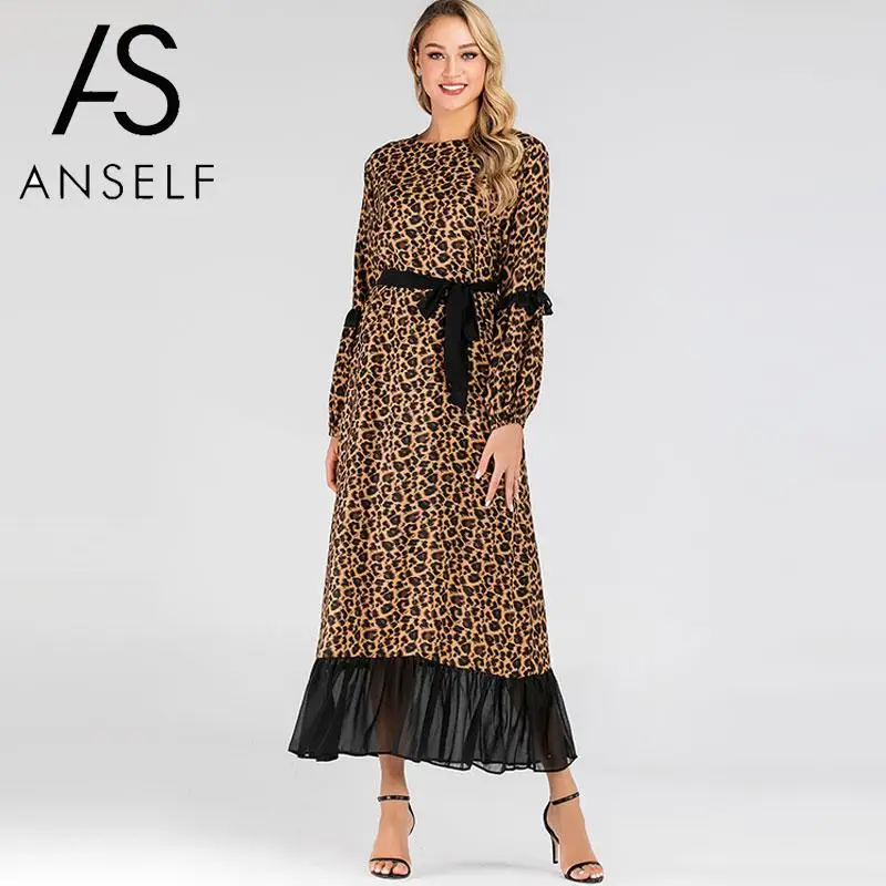 Мусульманское платье Модное шифоновое с оборками на подоле леопардовым принтом