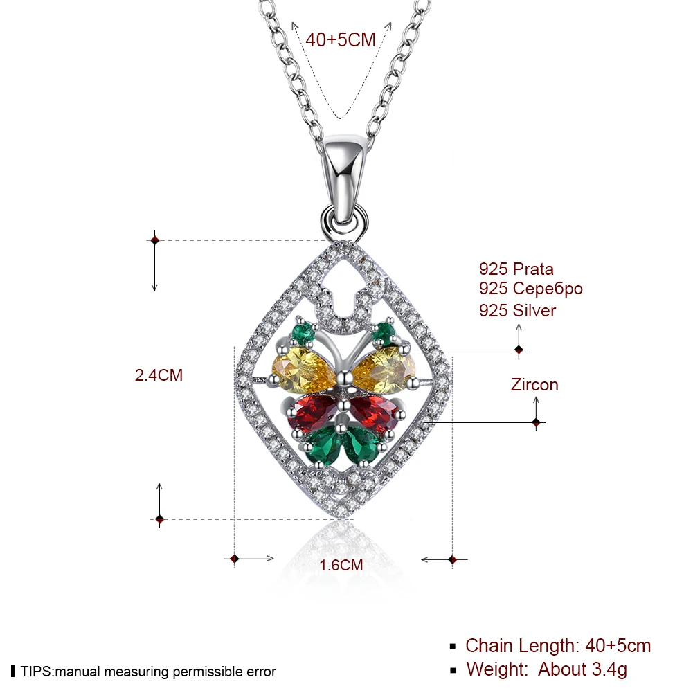 SILVERHOO Real Sterling Silver 925 Jewelry Colorful Butterfly CZ Necklace Charms For Women Geometry Rhombic Pendant Necklaces