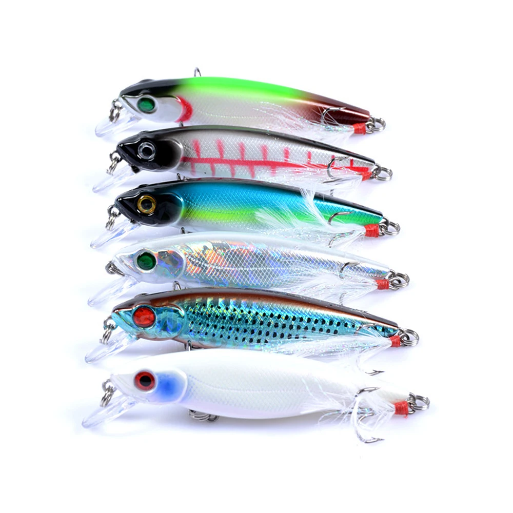 

6Pcs Floating Minnow Fishing Lure 8.6cm/9.1g Hard Plastic Artificial Bait with Feather Pesca Jig Wobblers Crankbait Carp Bait