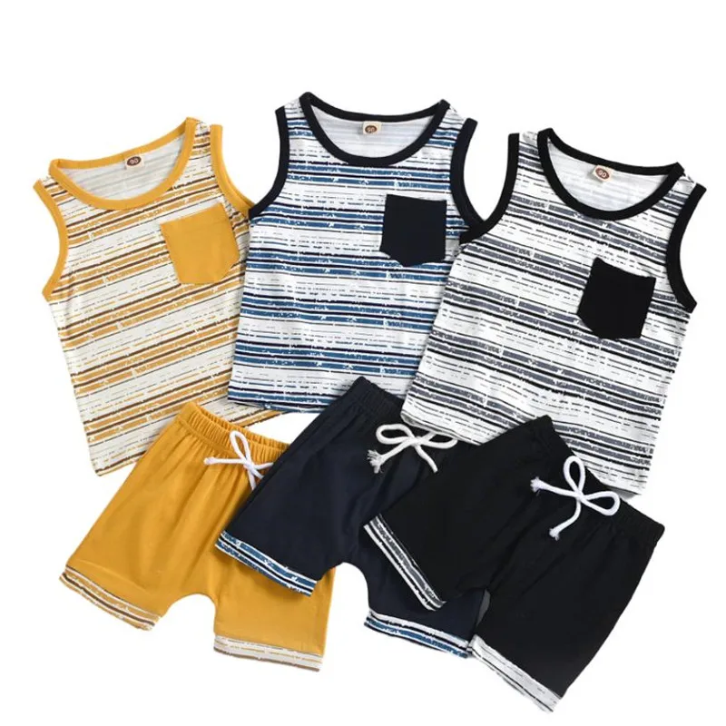 

Kids Baby Boys 2-piece Outfit Set Sleeveless Striped Print Tops Shorts Set for Children Boy Clothing Sets for Boys 1 - 5 Years