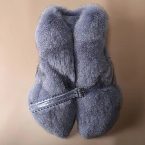 blue OFTBUY жилет из натурального Лисьего меха Повседневная женская зимняя безрукавка v-образный вырез пальто из натурального меха толстый теплый пояс уличная верхняя одежда - Цвет: blue