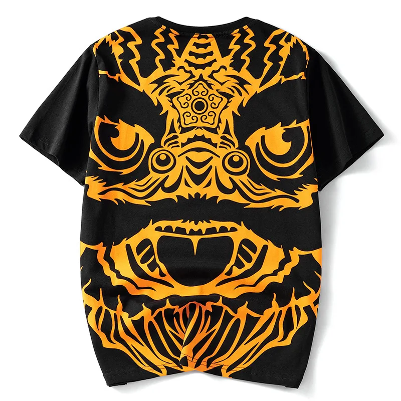 

Cartoon Fun Lion Dance National Tide Embroidery Short-Sleeved Male Chinese Style Large Size Loose Couples Cotton Printed T-Shirt