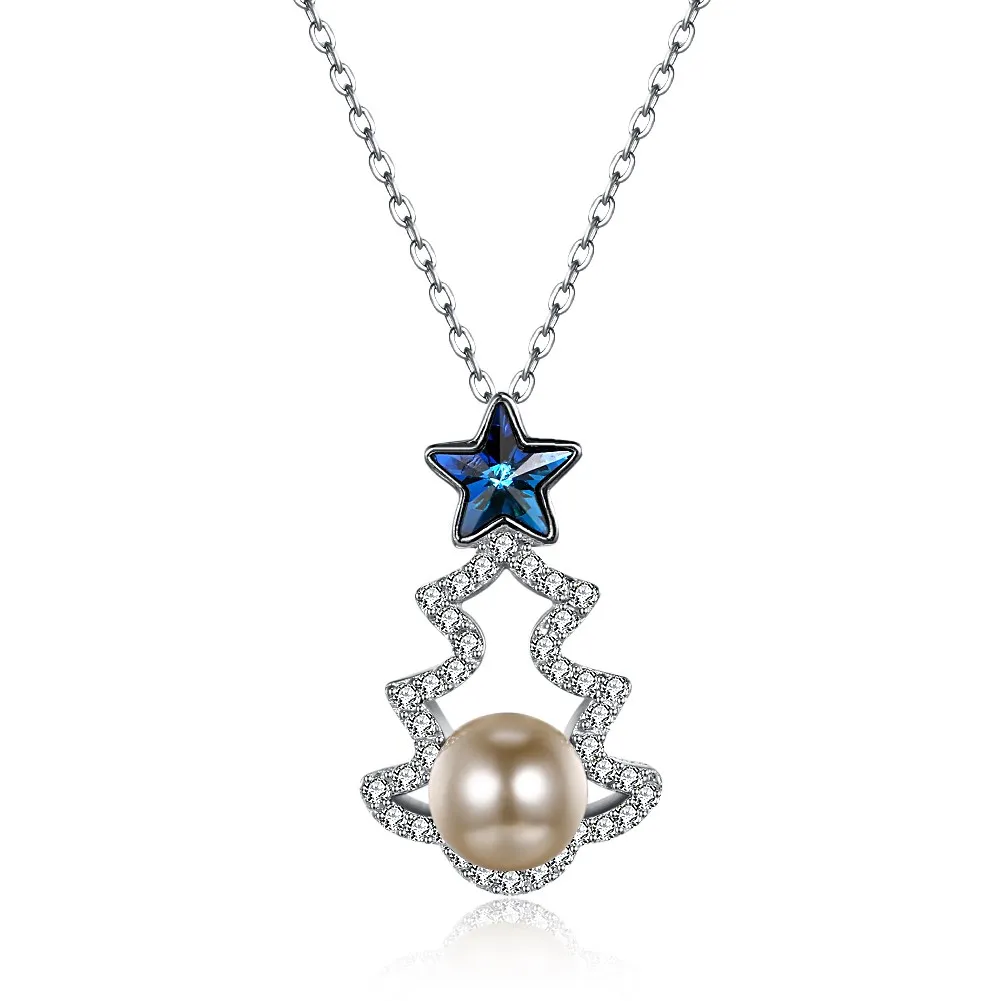 

Sterling Silver Christmas Tree Star Crystal and Pearl Pendant Necklace