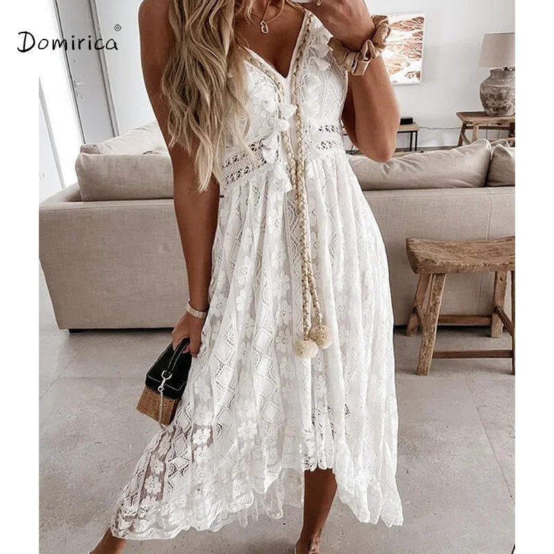 

Long Dress Women V-neck Sexy Lace Hollow Sleeveless Frock Dress Simple Elegant Dress Party Dresses for Women White Dress