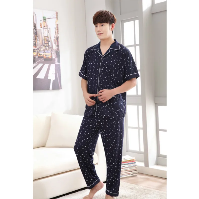Мужская Хлопковая пижама синяя Домашняя одежда летняя Пижама темно-синие брюки с
