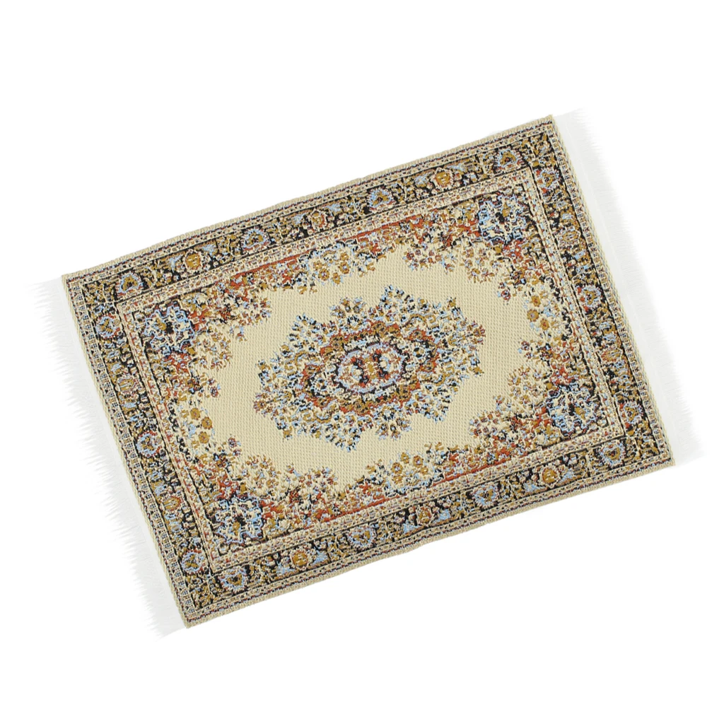 

1/12th Dollhouse Miniature Beige Vintage Patterned Woven Rug Floor Carpet Coverings for Doll House Decor Accessories
