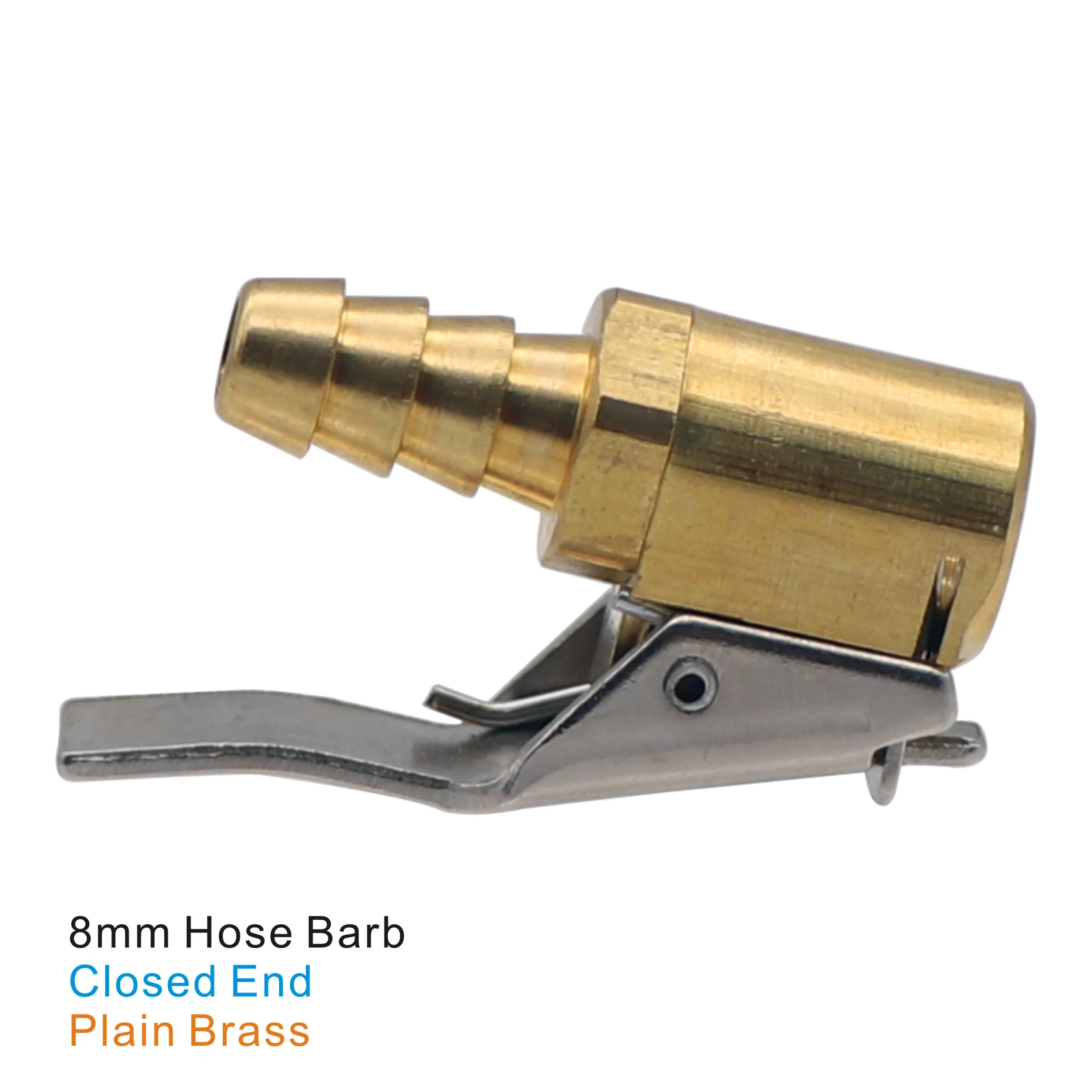8mm Clip-on Air Chuck Closed End Plain Brass or Nickel Plated 5/16" Hose Barb Professional Tire Inflation Tool 1 pc