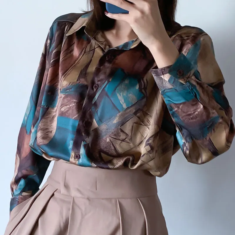 Винтажная блуза в стиле барокко с длинным рукавом свободная рубашка абстрактным