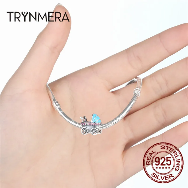 Trynmera 925 пробы серебро Детские коляски синий автомобиль Подвески Fit Браслет Diy Аксессуары подарок для женщин и девочек TA043