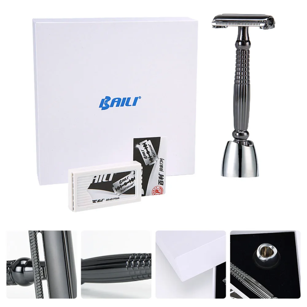 

1 Set Double-edged Shaver Long Handle Beard Razor Safety Razor with Razor Stand
