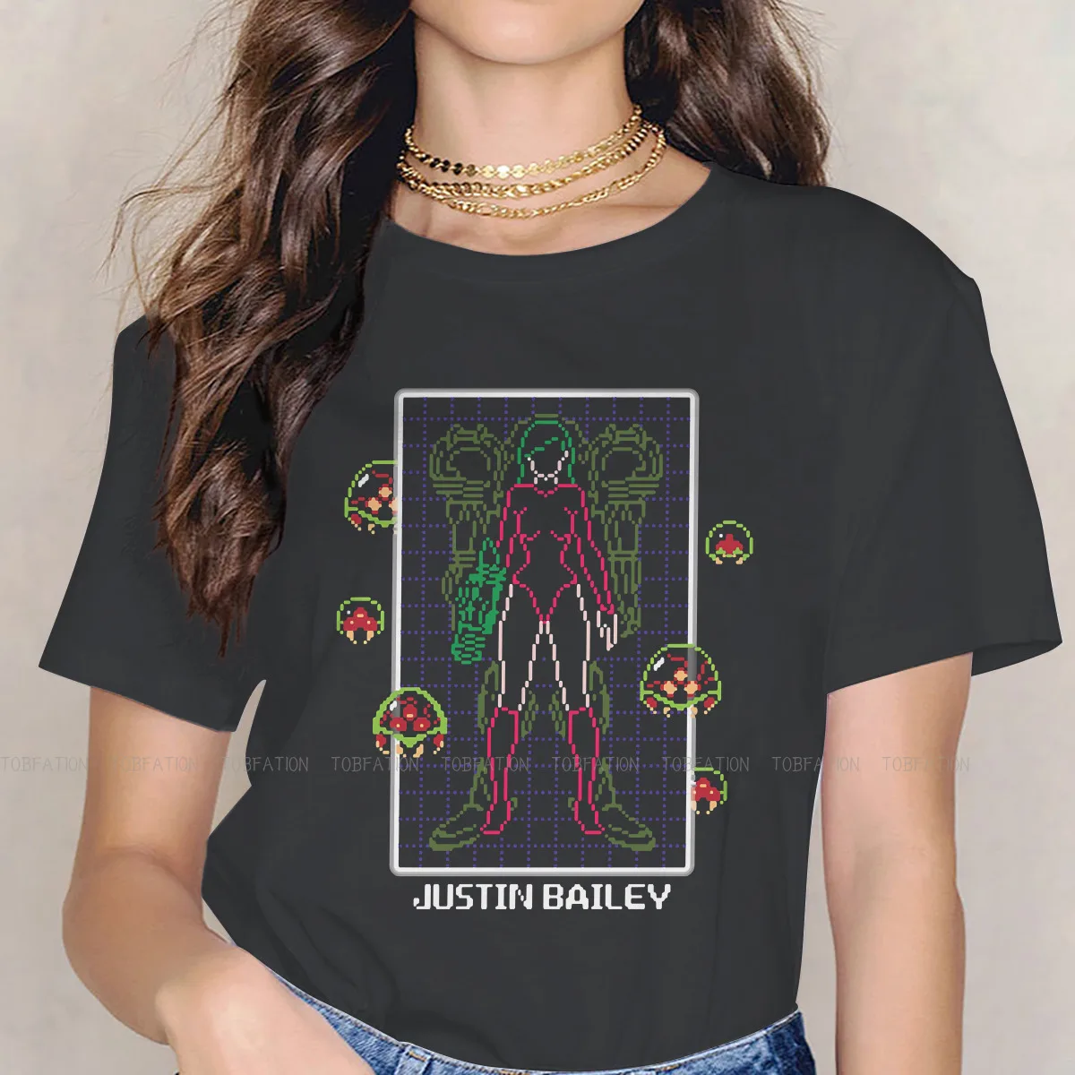 

Justin Bailey Women's TShirt Metroid Samus Aran Game Girls Graphic Tops O-neck Female T Shirt 5XL Humor Hipster Gift