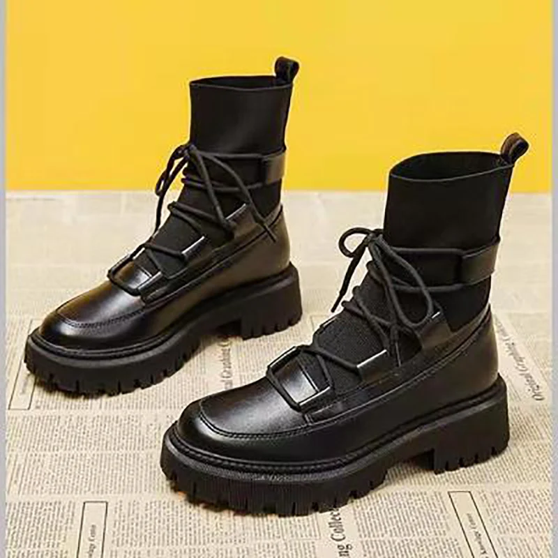 

Женские короткие ботильоны, женские вязаные ботинки со шнуровкой спереди, модные эластичные тонкие однотонные ботинки на толстой подошве, ...