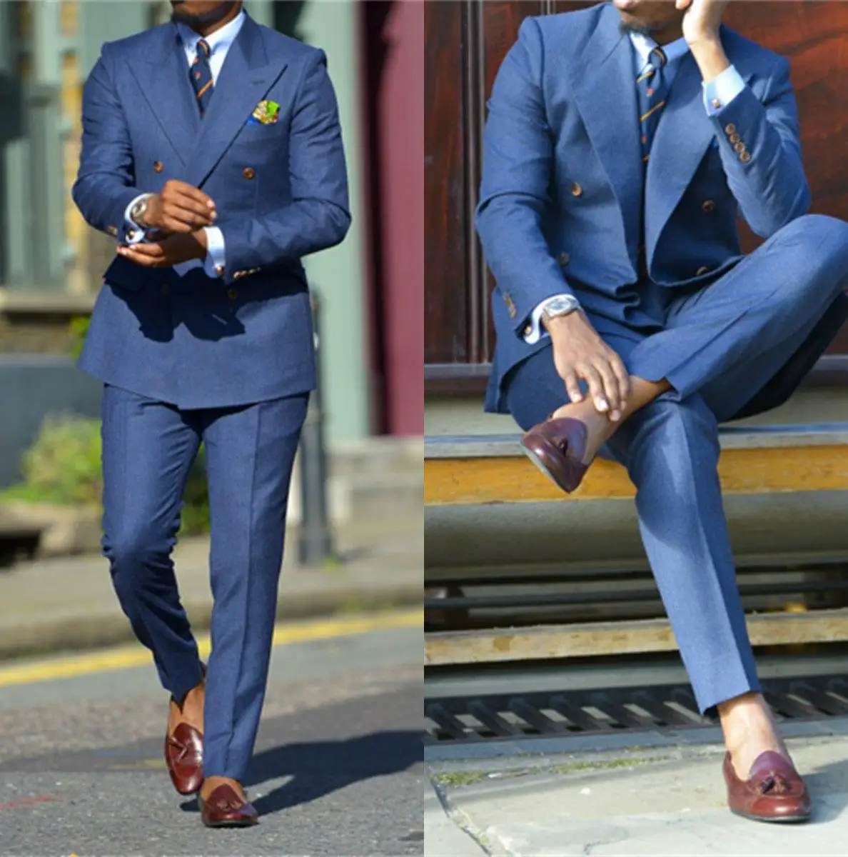 

Latest Double Breasted Wedding Men Suit Blue Set Custom Slim Fit Best Man Groom Dress Tuxedo Prom Dinner Blazer Vest Pants 3Pcs