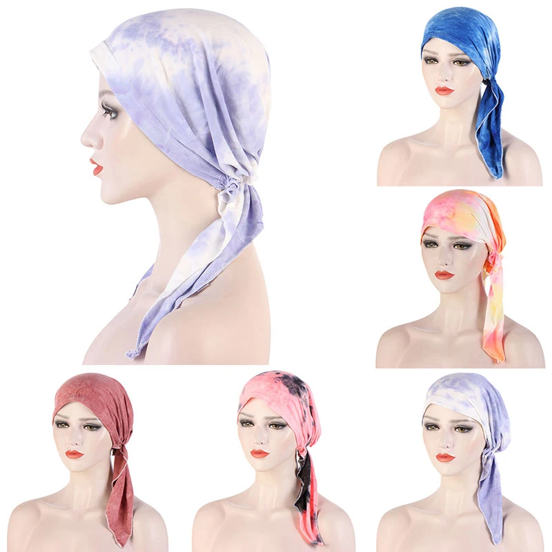 

Fashion Curved Two Tail Cap For Women Breathable Soft Chemotherapy Hat Colorful Muslim Women Printed Hijabs Hats Wholesale