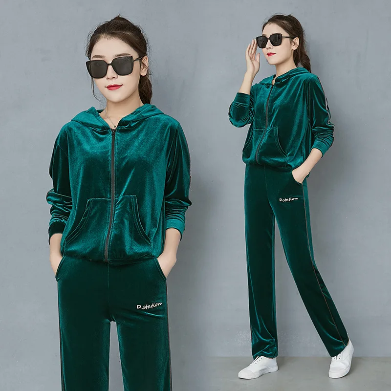 green coat straight Осенняя и зимняя женская куртка спортивная модная повседневная мягкая велюровая Толстовка комплект из 2 предметов пуловер с длинными рукавами спортивные костюмы - Цвет: green coat straight