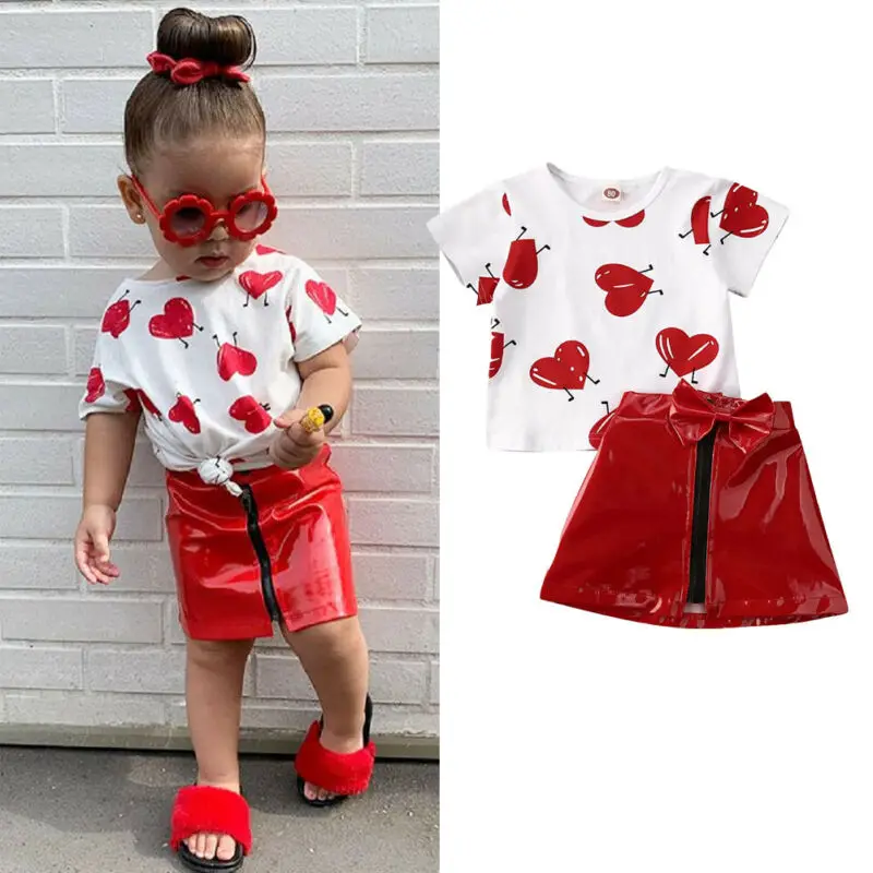 

Toddler Kid Baby Girl Valentine's Day Clothes Love Top T-shirt Leather Skirt Red Outfit Sweet Set Summer Baby Children Clothing