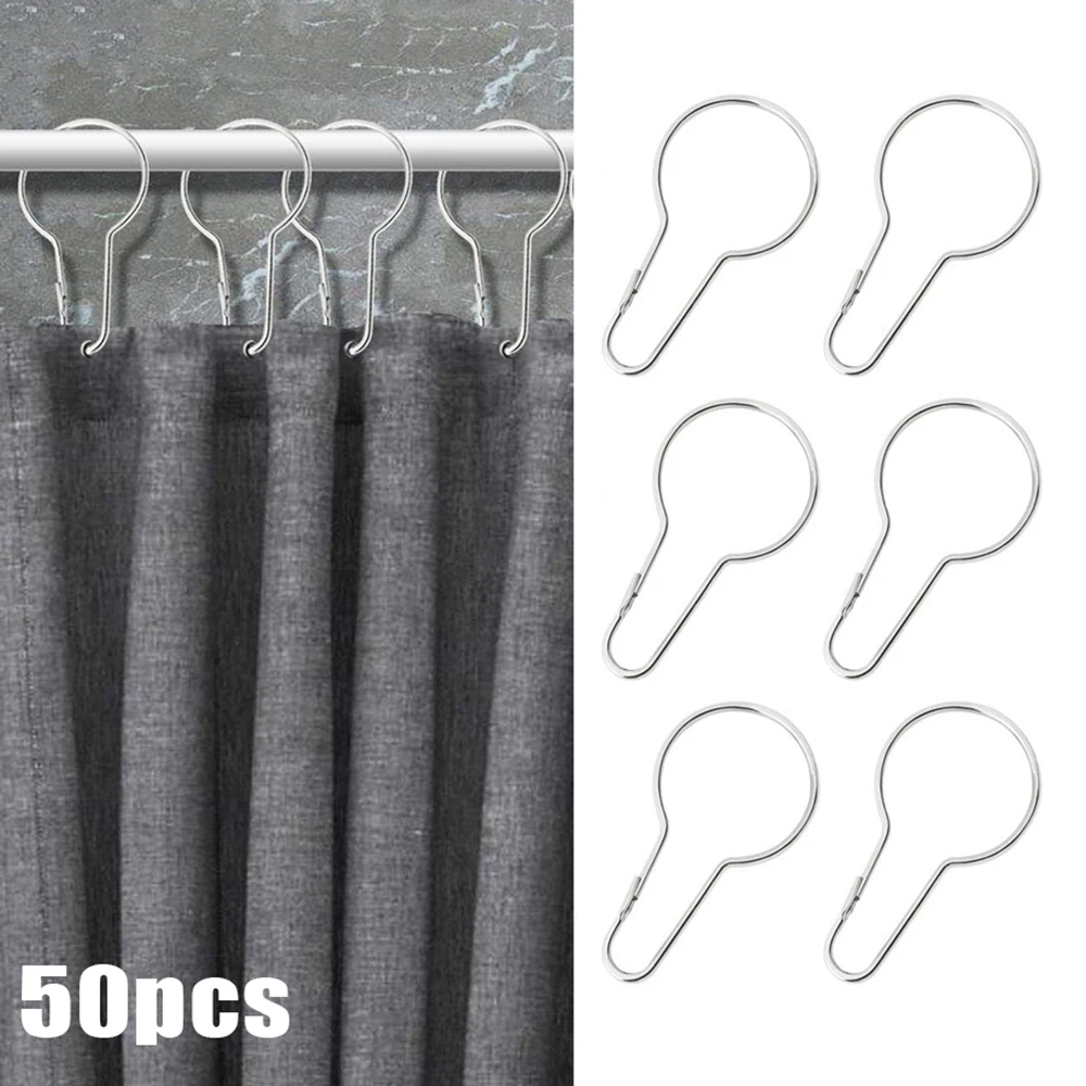 50Pcs Gourd Type Metal Buckle Stainless Steel Rustproof Shower Curtain Hooks Kitchen Bathroom Hook Rings Set Universal