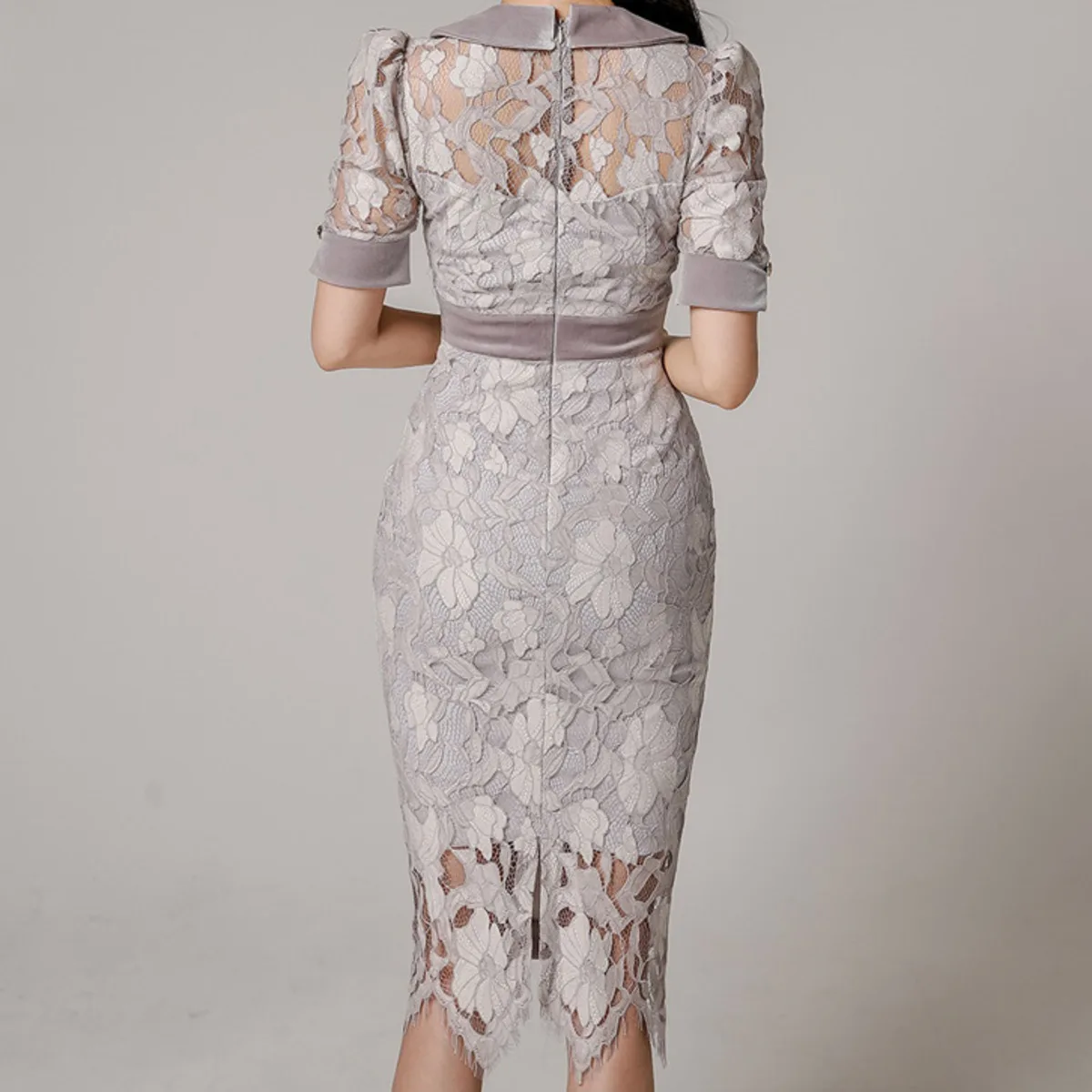 

2021 New Style Celebrity Temperament Doll Collar Slim Waist Soluble Lace Package Hip Evening Dress Floral Lace Party Dress