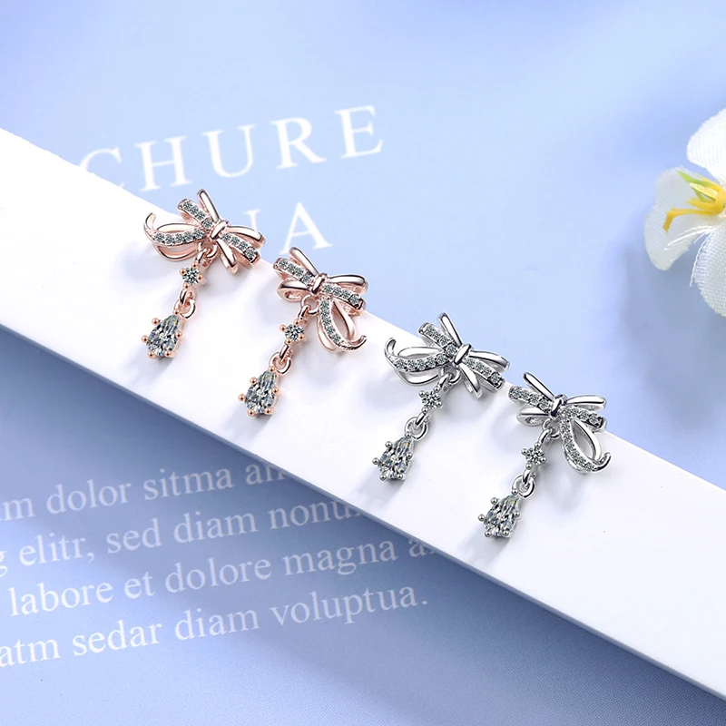 

Women's Shiny Crystal Butterfly Stud Earrings Cute Rose Gold Bowknot Dangle Earring With Tassel Zircon Ear Piercing Jewelry Gift