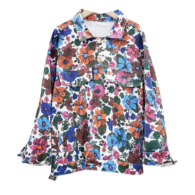 

New Arrivals Jean Jacket Women POLO Collar Colorful Flowers Print Street Trendy Girls Fall Tops Ropa De Mujer Denim Coat Womans