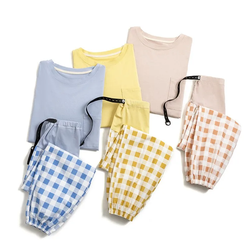 Pijamas de maternidad para mujeres embarazadas, ropa de dormir suelta de Color s&oacute;lido, Top + Pantalones a cuadros, conjunto de 2 piezas para el hogar, primavera y oto&ntilde;o, 2021-0