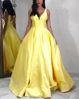 yunuo yellow satin v neck prom dresses floor length 2021 long special occasions evening gowns zipper back vestidos de fiesta