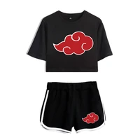 women new japanese anime fashion lucky cloud print sexy casual bare midriff crop top short t suit