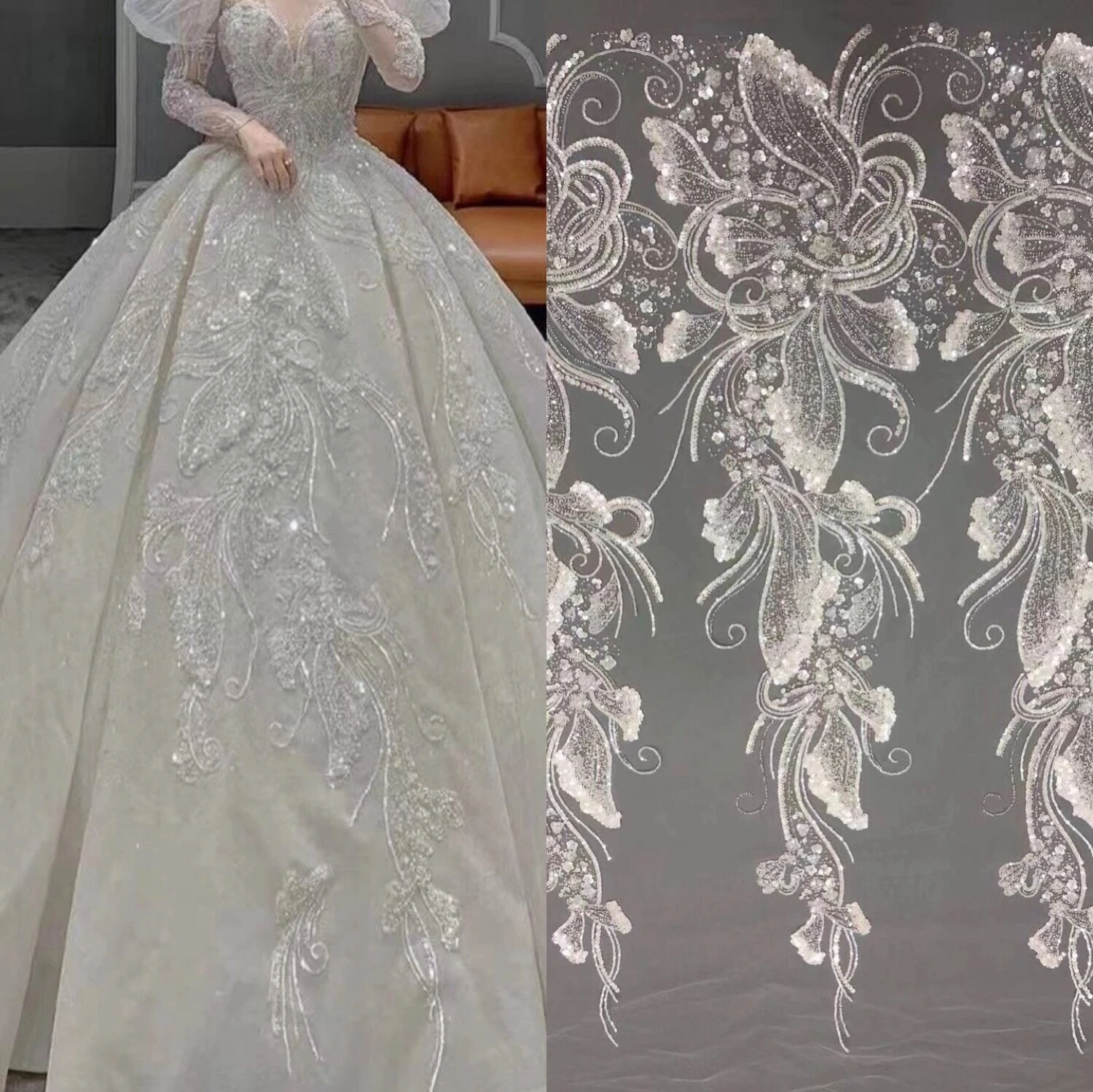 

Luxury Bridal Beaded Lace Fabric French Net Fabric for Wedding Dress
