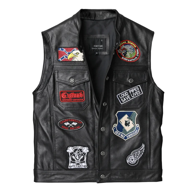 

2021 Men's Youth Motorcycle Leather Vest Top Layer Cowhide Leather Multi-Logo Leather Vest Short Slim Fit
