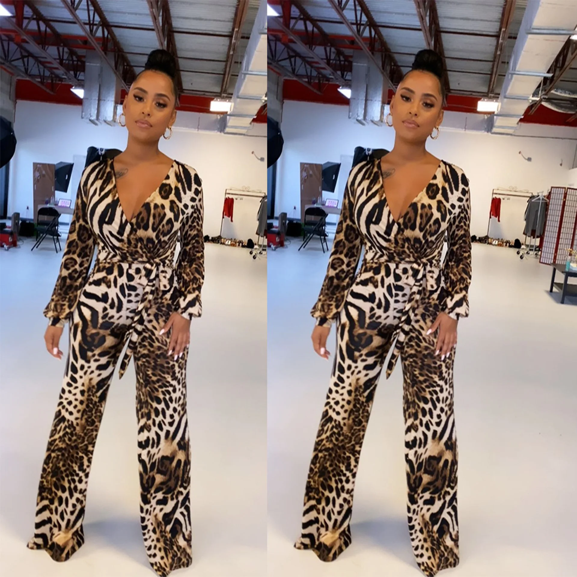 

Contrast Color Printed Office Wear High Waist Wide Leg Pants Trousers Women Jumpsuit Romper Elegance Streetwear Hot Sale