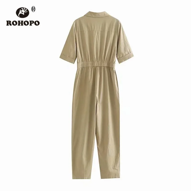 ROHOPO Ruched манжеты с короткими рукавами и лацканами воротник хаки хлопок комбинезон