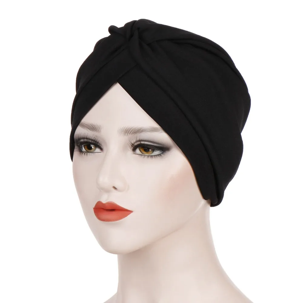 

Muslim Women Solid Cotton Cross Ruffle Turban Hat Headwrap Chemo Beanies Hijab Headwear For Cancer Hair Loss Accessories