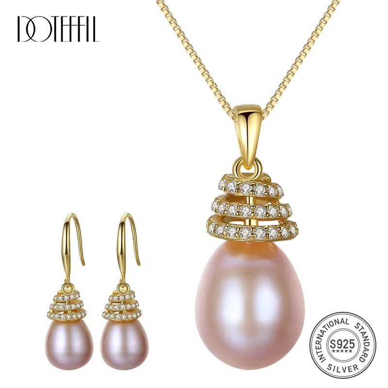 

DOTEFFIL 925 Solid Silver Gilt Zircon Pearl Jewelry Set Earring/Necklace Natural Freshwater Pearl Jewelry Women Christmas Gifts