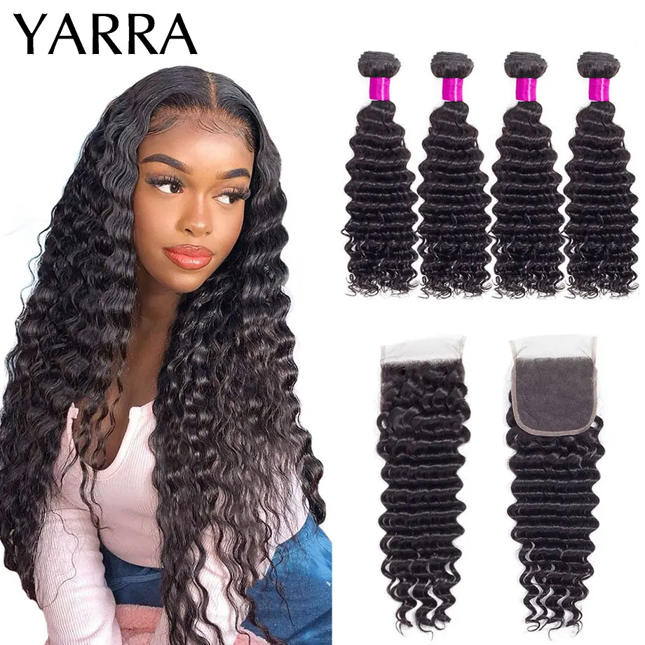 

Deep Wave Bundles with Closure Brazilian Hair Weave 3 Bundles With Lace Closure 4x4 Remy Human Hair Bundles With Closure Yarra
