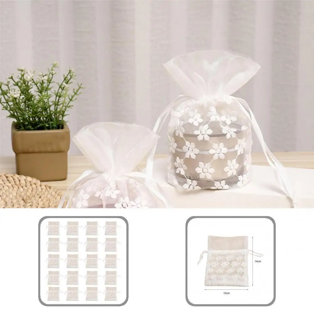 

White 20Pcs Premium Flower Decor Organza Gift Bag with Drawstring Gauze Organza Gift Pouch Wide Application for Party
