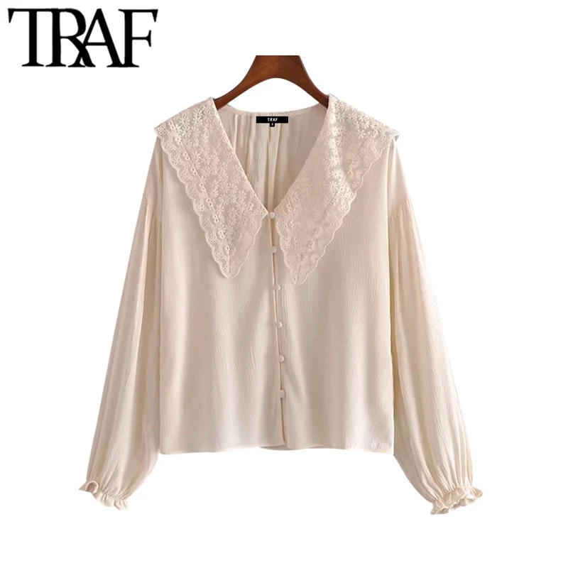 

TRAF Women Fashion With Embroidered Collar Loose Blouses Vintage Long Sleeve Elastic Cuffs Female Shirts Chic Tops