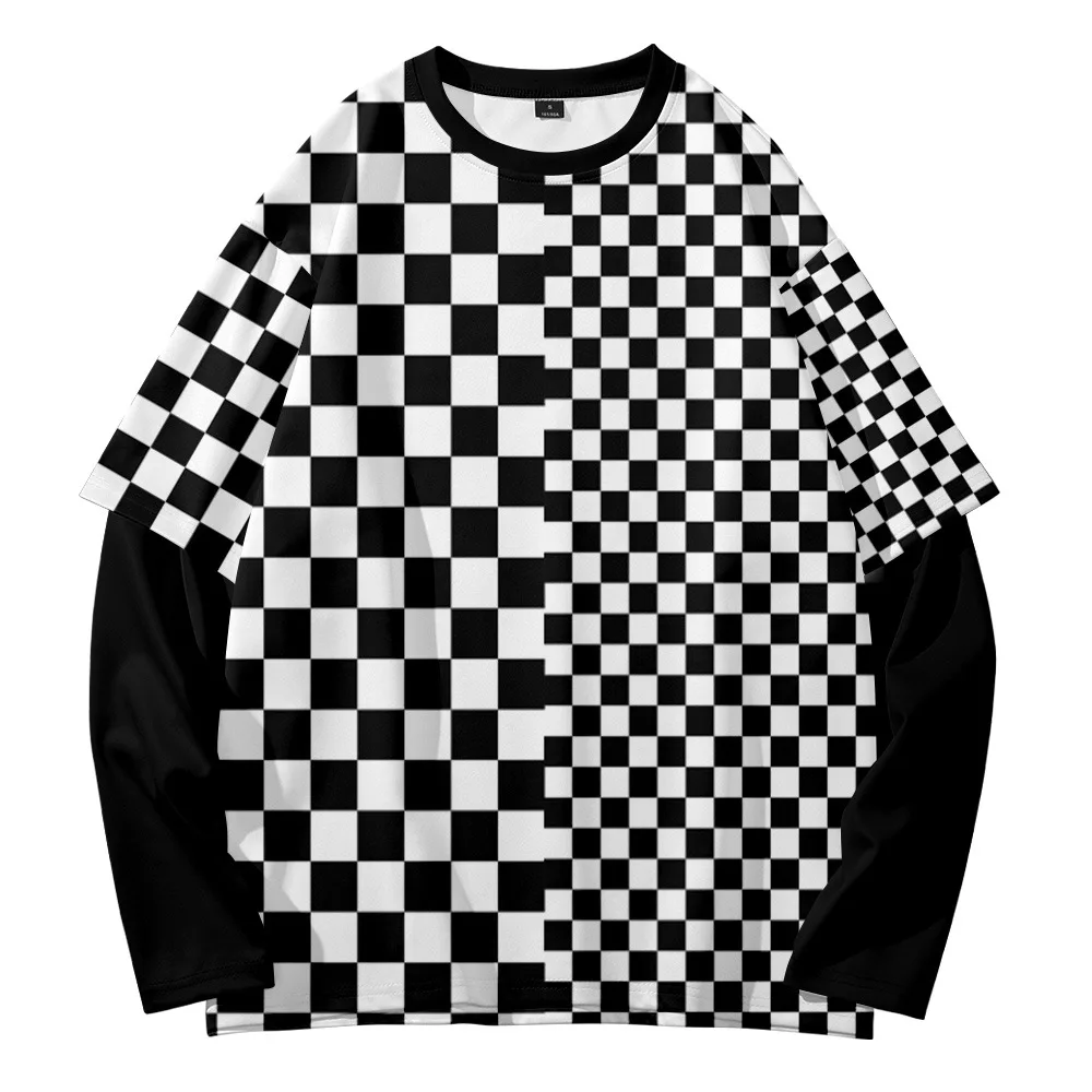 

Checkerboard summer trend street popular round neck fake two-piece sweater oversize