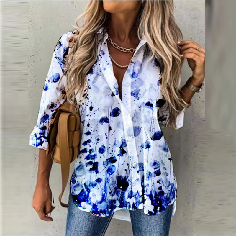 

Женская рубашка-блуза с принтом, Повседневная однобортная Свободная блузка-рубашка с асимметричным рукавом, лето-осень 2021